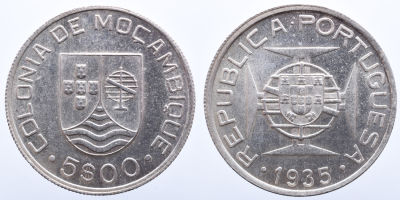 Portugal Mo&ccedil;ambique 5 Escudos 1935 - Prata A: REPUBLICA PORTUGUESA 1935 R: COLONIA DE 