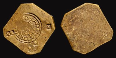 FRAN&Ccedil;A. 
Guerras de Religi&atilde;o. Cerco de Cambrai. 20 Patards 1595 Peso 12,5g 
uniface octogonal 