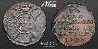 FRAN&Ccedil;A 
CERCO DE LILLE 5 Sols, cunhagem obsidional 1708 Lille NGC Au Details Enviromental 