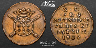 FRAN&Ccedil;A 
CERCO DE LILLE 10 Sols, cunhagem obsidional 1708 Lille NGC Au 53 BN 
Anverso: Armas 