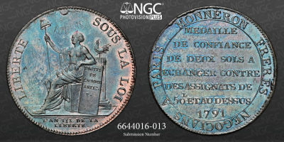 Constitui&ccedil;&atilde;o Francesa 
Monneron Fr&egrave;res 2 sols, Bronze 1791, MAZ. 152 NGC MS 62 BN 