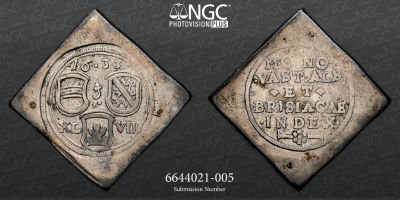 ALEMANHA NGC VF 30 
Alemanha. Breisach. Cercado pelos suecos, 1633. AR 48 Kreuzer Klippe 1633. 