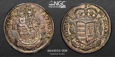 HUNGRIA 1/2 Taler 1705, NGC AU-55 
Grande escudo coroado com o bras&atilde;o da Hungria. Decora&ccedil;&atilde;o de 
