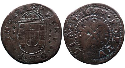 Portugal D. Pedro P. R. - X Reis 1677 - Cobre - Bc+ AG: 11.05 Peso 18.74g A: PETRVS . D . G . 