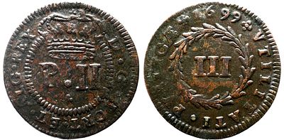 D. Pedro II - III R&eacute;is 1699 - Cobre - Mbc- - AG: 05.01 Peso 5,6g 
A: D . G . PORT . ET . ALG . 