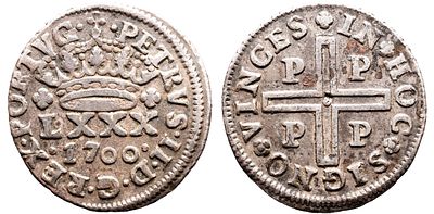 D. Pedro II - Tost&atilde;o 1700 Porto - Prata - Mbc - AG: 46.08 Peso 3,5g 
A: PETRVS . II . D . G . 