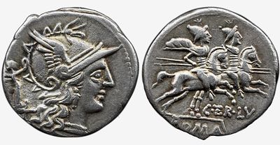 Roman Republic C. Terentius Lucanus. 147 BC. AR Denarius 3.81 g,. Rome mint. Helmeted head of 