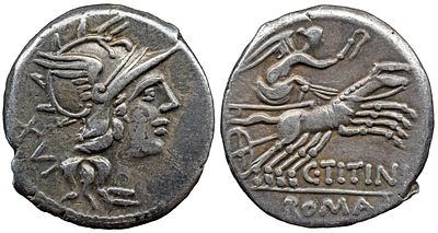 Roman Republic C. Titinius. 141 BC. AR Denarius 3,77 g, Rome mint. Helmeted head of Roma right; 