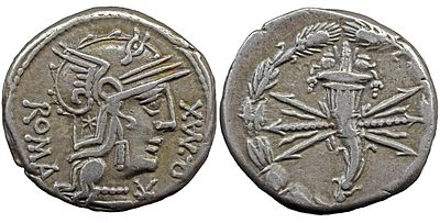 Roman Republic Q. Fabius Maximus. 127 BC. AR Denarius , 3.91 g. Rome mint. Helmeted head of 