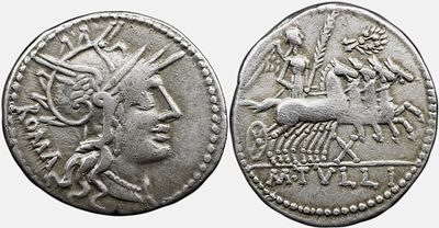 Roman Republic M. Tullius. 119 BC. AR Denarius 3.90 g. Rome mint. Helmeted head of Roma right / 