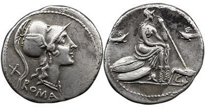 Roman Republic Anonymous. 115-114 BC. AR Denarius , 3.82 g, Unmarked series. Rome mint. 