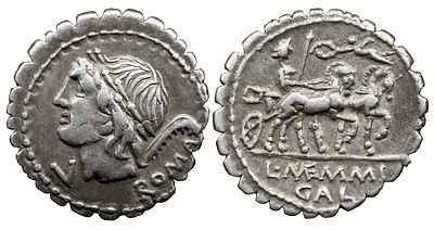 Roman Republic L. Memmius Galeria. 106 BC. AR Serrate Denarius 4,00 g. Rome mint. Laureate head 