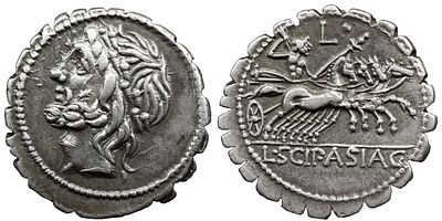 Roman Republic L. Cornelius Scipio Asiaticus. 106 BC. AR Serrate Denarius 3.97 g. Rome mint. 