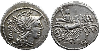 Roman Republic L. Sentius C.f. 101 BC. AR Denarius 3.83 g. Helmeted head of Roma right; ARG. 