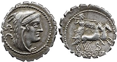 Roman Republic L. Procilius. 80 BC. AR Serrate Denarius 4,04 g. Head of Juno Sospita right 