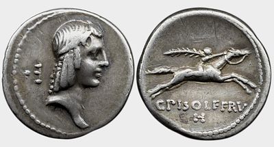 Roman Republic C. Piso L.f. Frugi. 61 BC. AR Denarius , 3.66 g. Rome mint. Head of Apollo left 