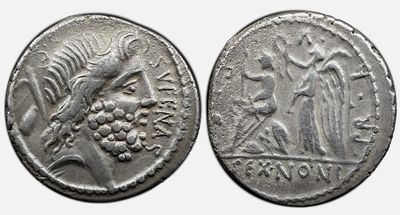 Roman Republic M. Nonius Sufenas. 57 BC. AR Denarius 3.96 g. Head of Saturn right; S. C, harpa 