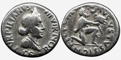 Roman Imperial Augustus. 27 BC-AD 14. AR Denarius , 3,50 g. Rome mint; P. Petronius Turpilianus 