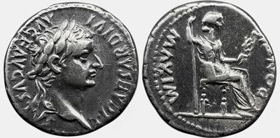 Roman Imperial Tiberius. AD 14-37. AR Denarius , 3.62 g. Tribute Penny" type. Lugdunum (Lyon) 