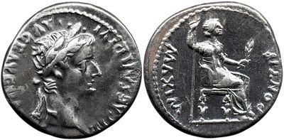 Roman Imperial Tiberius. AD 14-37. AR Denarius , 3.82 g. Tribute Penny" type. Lugdunum (Lyon) 