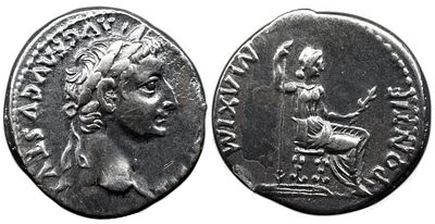 Roman Imperial Tiberius. AD 14-37. AR Denarius , 3.51 g. Tribute Penny" type. Lugdunum (Lyon) 