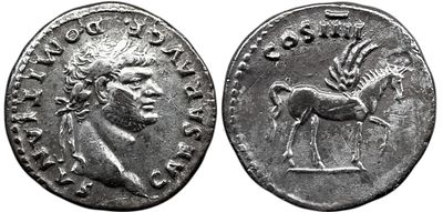 Roman Imperial DOMITIAN, as Caesar. 69-81 AD. AR Denarius , 3.22 g. Struck 76 AD. CAESAR AVG F 
