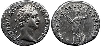 Roman Imperial Domitian. AD 81-96. AR Denarius , 3.31 g. Rome mint. Struck AD 89. Laureate head 