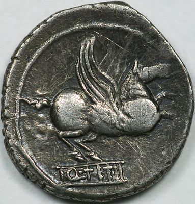 Roman Republic Q. Titius AR Denarius. Rome, 90 BC. Bearded head of Mutinus Titinus to right 