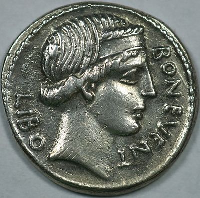Roman Republic L. Scribonius Libo AR Denarius. Rome, 62 BC. Head of Bonus Eventus to right; 