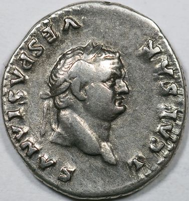 Roman Imperial Titus, as Caesar, AR Denarius. Rome, AD 77-78. T CAESAR VESPASIANVS, laureate 