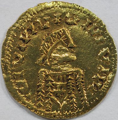 Visigothic Coins Leovigildus (569-586). In the name of Justinus II. Tremissis. Diademed, draped 