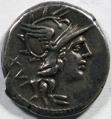 Roman Republic C. Titinius. 141 BC. AR Denarius 3,77 g, Rome mint. Helmeted head of Roma right; 