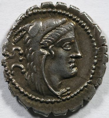 Roman Republic L. Procilius. 80 BC. AR Serrate Denarius 4,04 g. Head of Juno Sospita right 