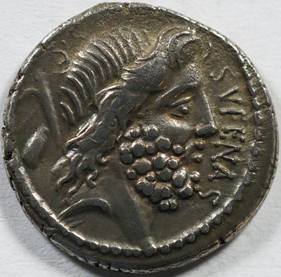 Roman Republic M. Nonius Sufenas. 57 BC. AR Denarius 3.96 g. Head of Saturn right; S. C, harpa 