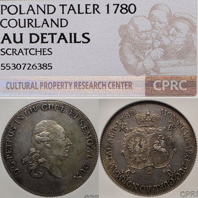 Курляндия и Семигалия 1 талер 1780 год.Пётр Бирон.Серебро. В слабе CPRC(Цикц) AU det.
