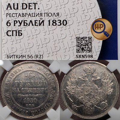 6 рублей 1830 год Спб.Платина.R2. В слабе ННР AU det.