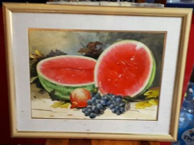 אמן לא מזוהה - ציור ישן אבטיח רימון וענבים שמן על קרטון 34x47 ס"מ