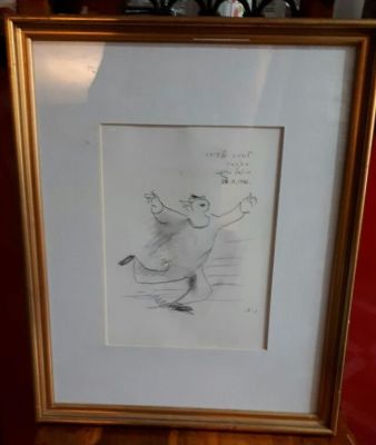 יוסל ברגנר - רישום שניתן במתנה ע"י יוסל ברגנר חתום בעפרון ומוקדש 21x27 ס"מ