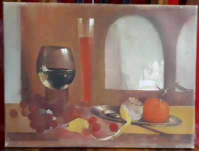 אמן לא מזוהה - ציור ישן כוס יין עם פירות שמן על בד 30x40 ס"מ