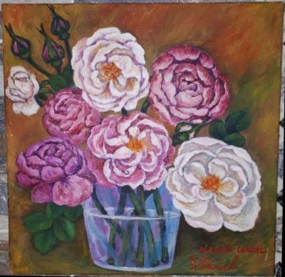 אלבינה דניאל - ציור יפה ומרשים במיוחד שושנים אדומות ולבנות שמן על בד 34x34 ס"מ
