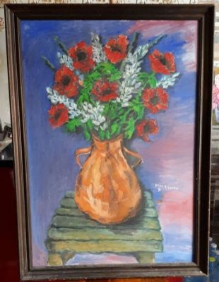 אמן לא מזוהה - ציור גדול ומרשים פרחים על פי ראובן רובין שמן על בד 70x100 ס"מ