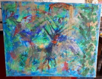 אמן לא מזוהה - ציור גדול ומרשים מופשט שמן על בד 79x99 ס"מ