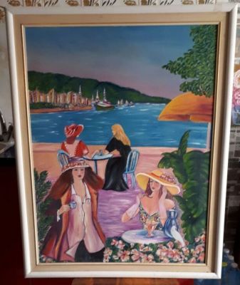 אמן לא מזוהה - ציור מרשים במיוחד נשים שמן על קרטון 68x90 ס"מ