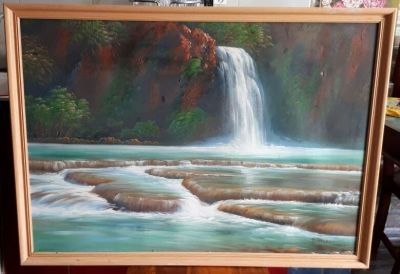 אמן לא מזוהה - ציור ישן גדול ומרשים מפל מים שמן על בד 68x99 ס"מ