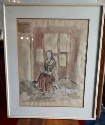 אמן לא מזוהה - ציור חתום בעפרון אקוורל על נייר 46x58 ס"מ