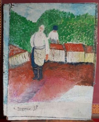 שלמה ציפמן - יצירה מרשימה מאד, שנות ה40\50, קטיף עגבניות, פגם, שמן על לוח ציירים 46x58 ס"מ. שלמה 