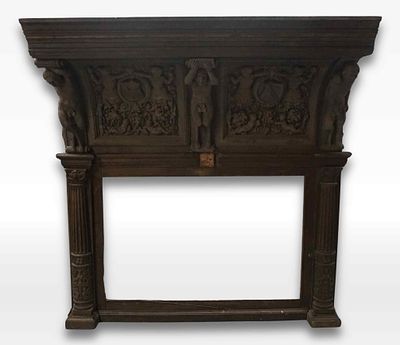 Monumental, richly sculpted, curved fireplace hood in oak, special carving with caryatids and 