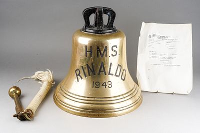 A ship's bell from H.M.S. Rinaldo 1943 Algerine-Class Fleet Minesweeper, with clapper and woven 