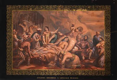 ESCUELA ESPA&Ntilde;OLA, S. XIX - Zulema socorre a Gonzalo herido. Titulado en la parte inferior. 