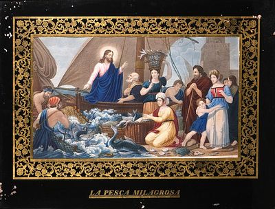 ESCUELA ESPA&Ntilde;OLA, S. XIX - La pesca milagrosa. Titulada en la parte inferior. Medidas: 22 x 37,5 